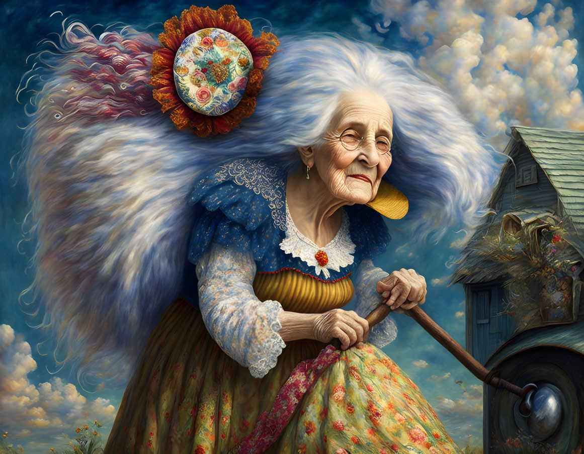 Elderly woman with white hair and cane in front of whimsical house and vibrant sky