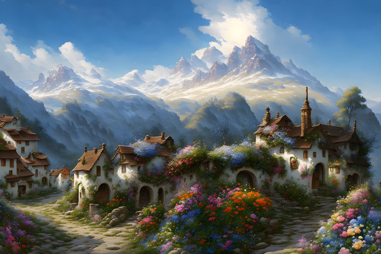 Scenic village with colorful houses in serene valley