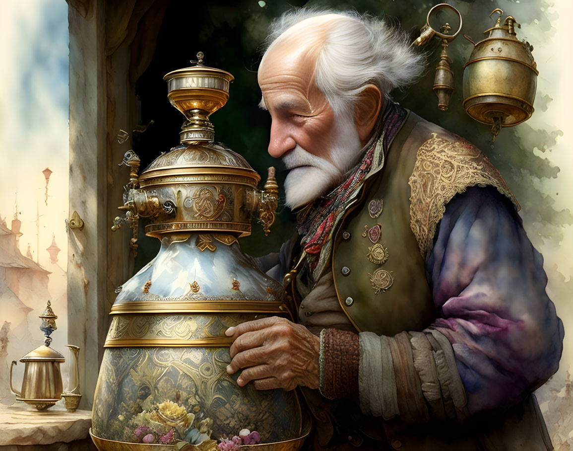 Elderly man with white beard inspects ornate samovar in whimsical antique scene