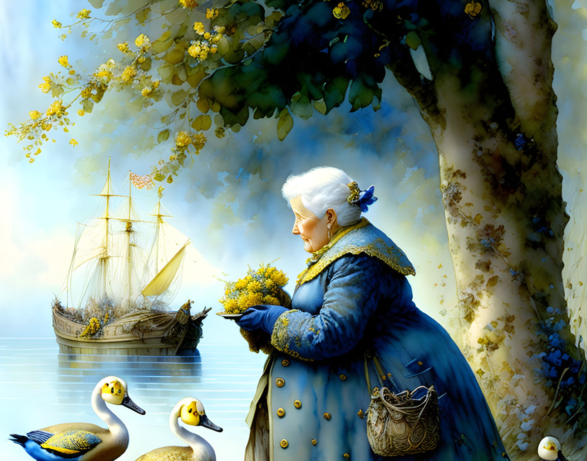 Elderly woman in blue coat admires ship near tree with ducks and yellow flowers