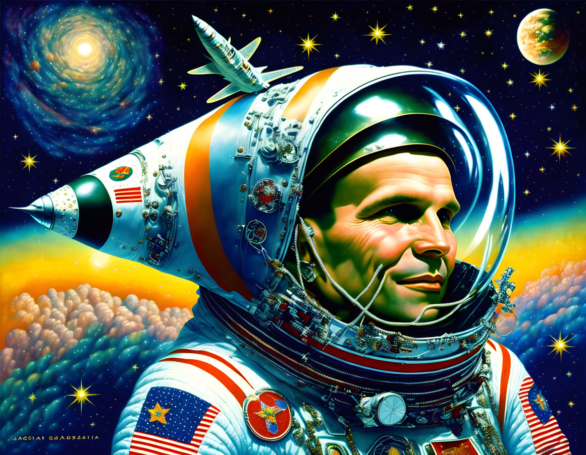 Colorful Astronaut Illustration with Spacecraft Helmet and Cosmic Background