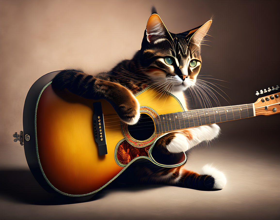 Tabby Cat with Green Eyes Resting on Acoustic Guitar