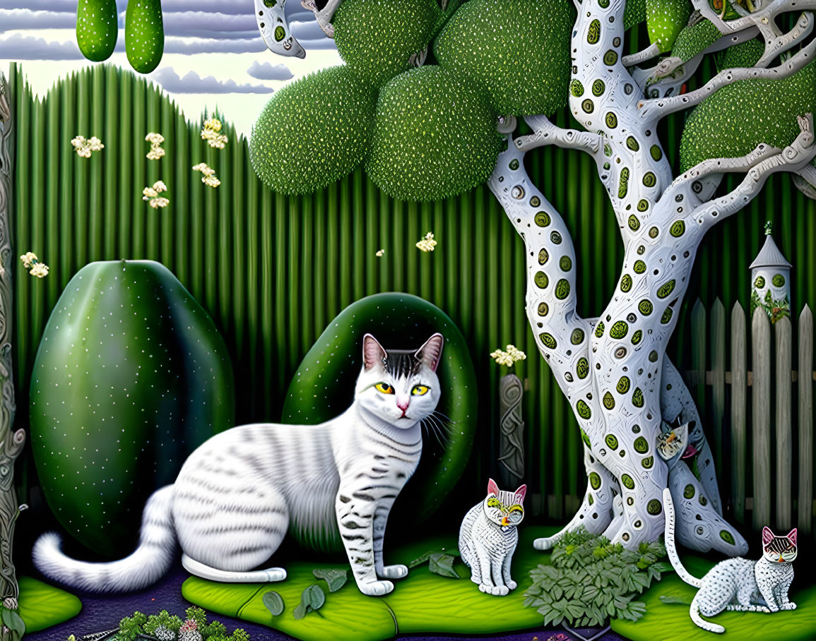 Illustration of three cats in unique stripes in a magical green landscape