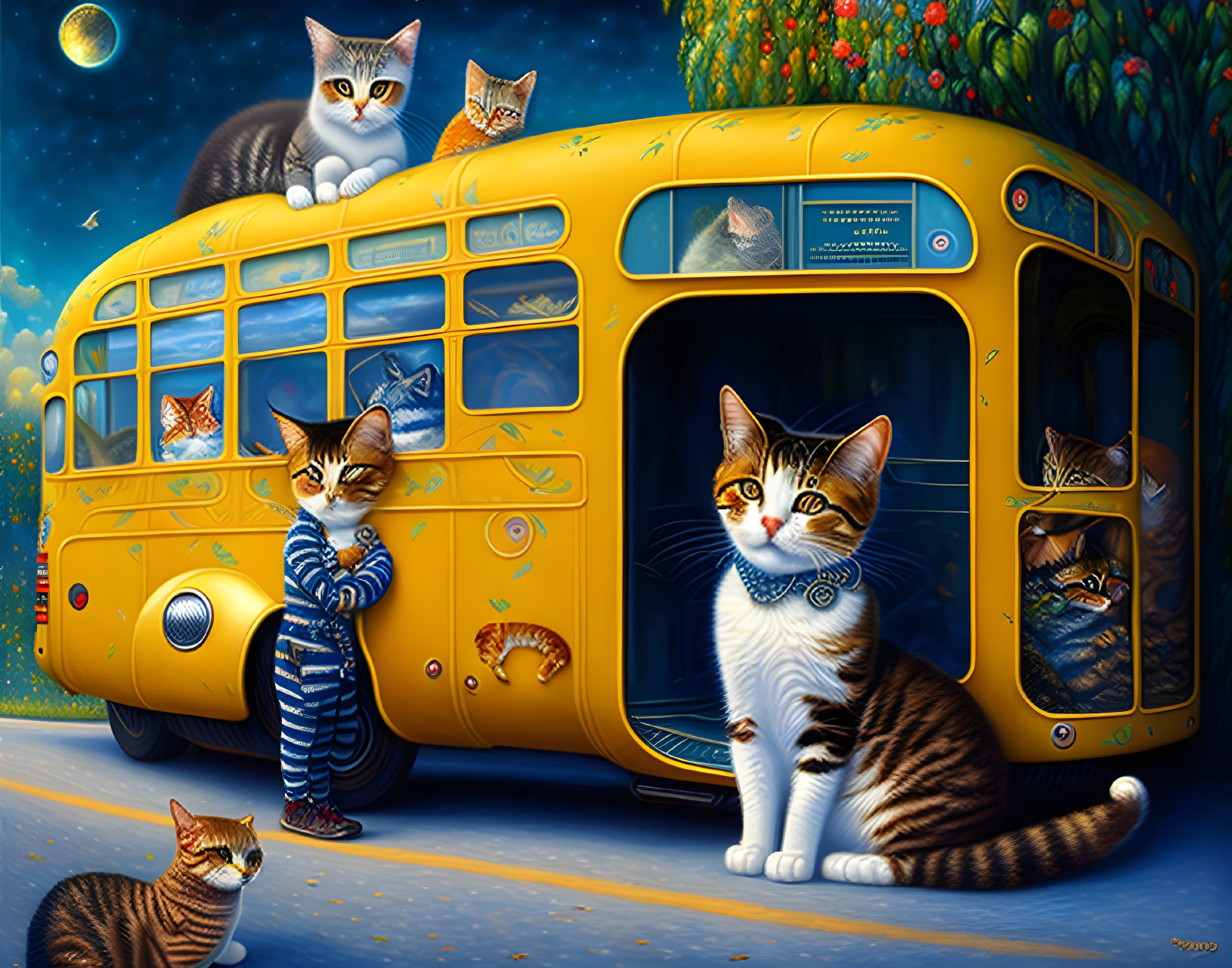 Whimsical cats on vintage bus under starry night sky