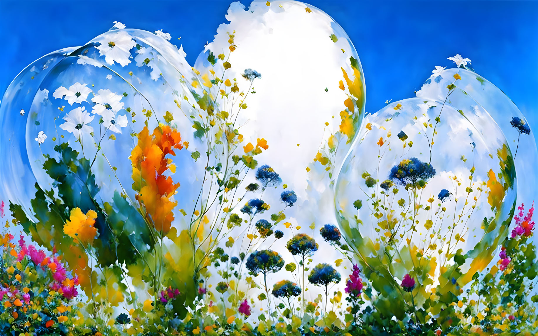 Colorful wildflowers and transparent bubbles in vibrant painting