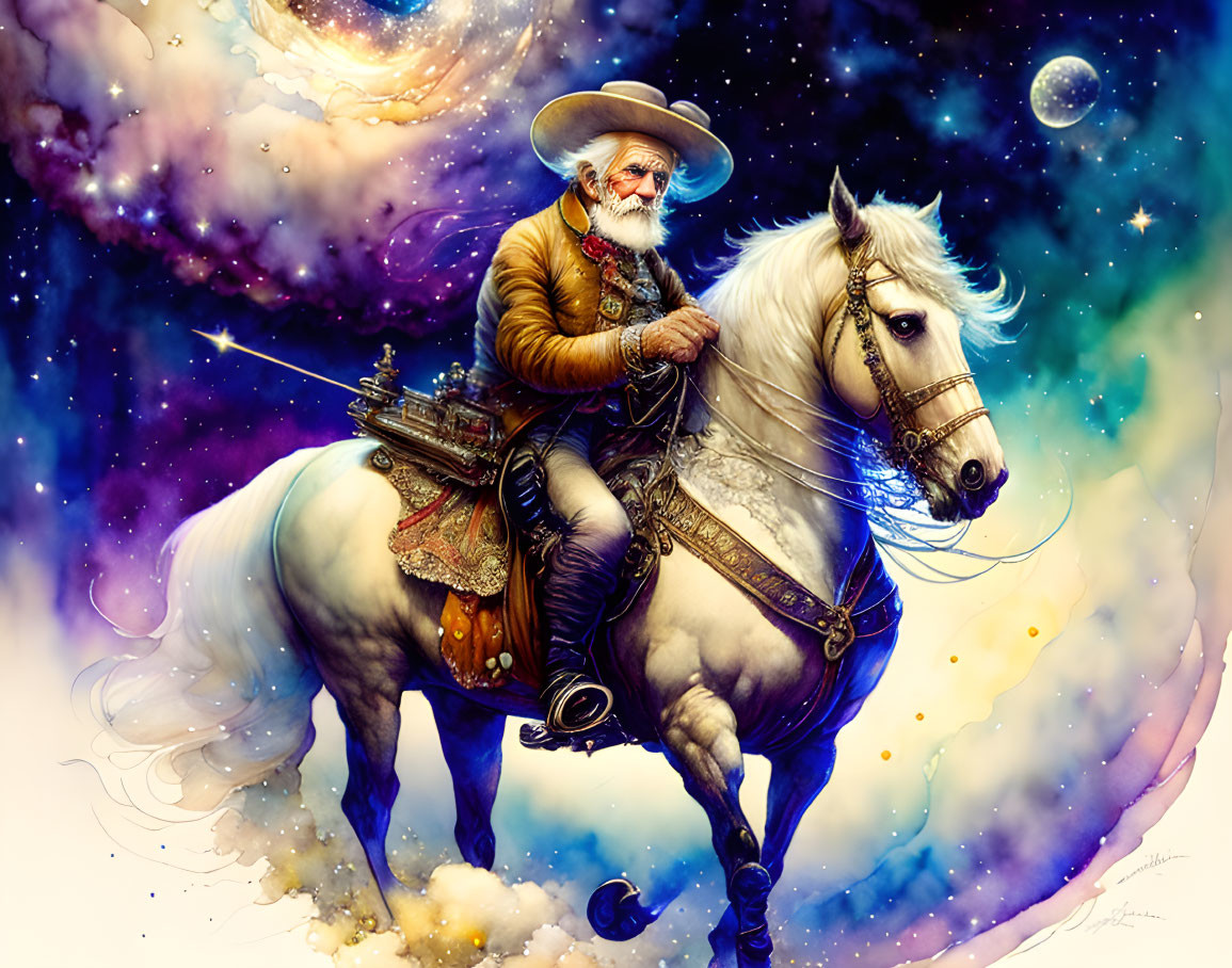 Elderly Cowboy on White Horse in Cosmic Setting