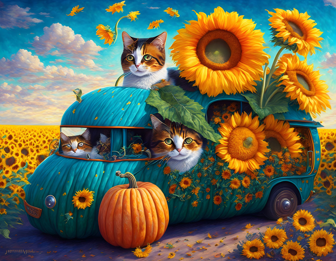 Colorful painting: Three cats in a turquoise van with sunflowers and pumpkins under blue sky