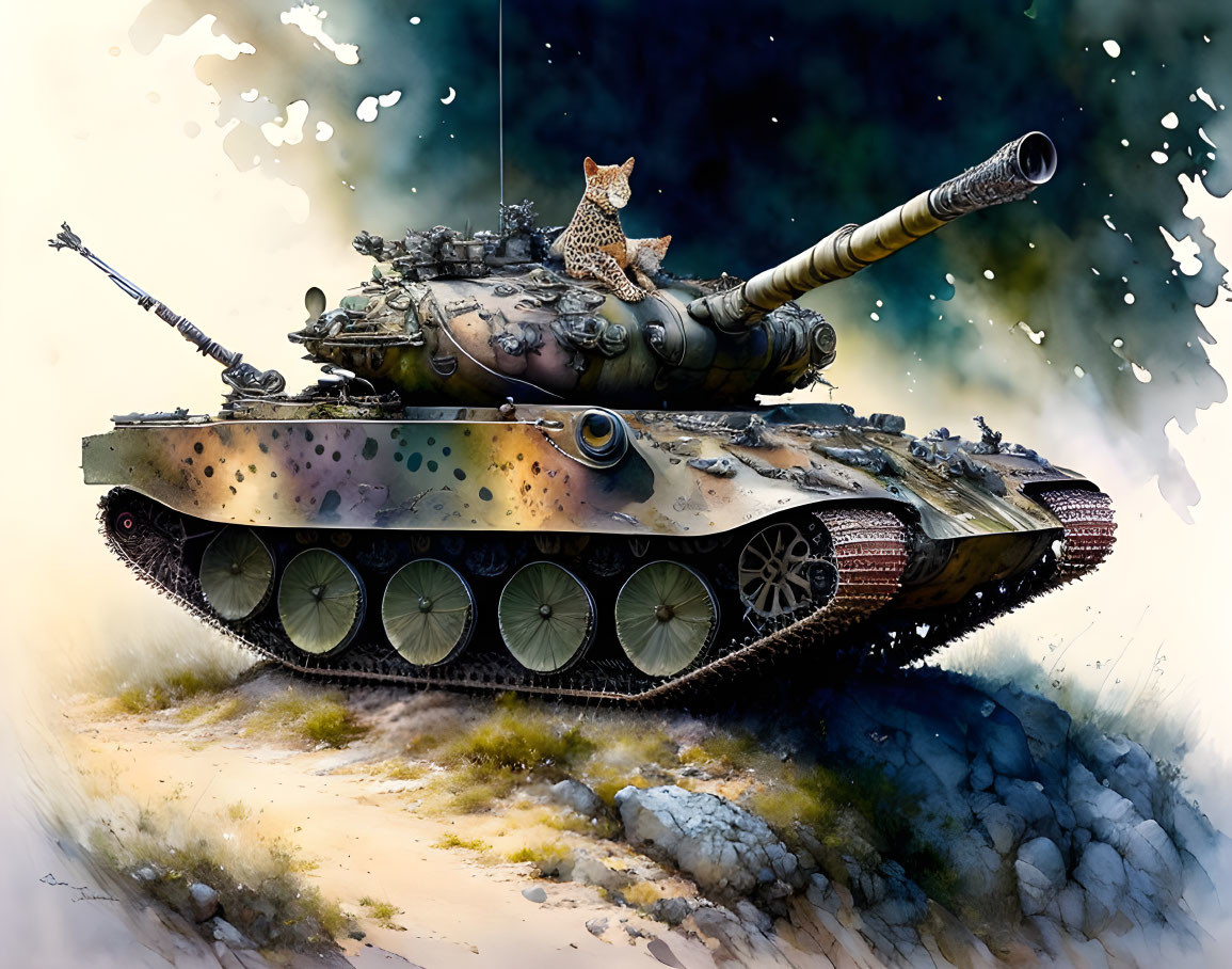 Leopard on Camouflaged Military Tank in Natural Setting