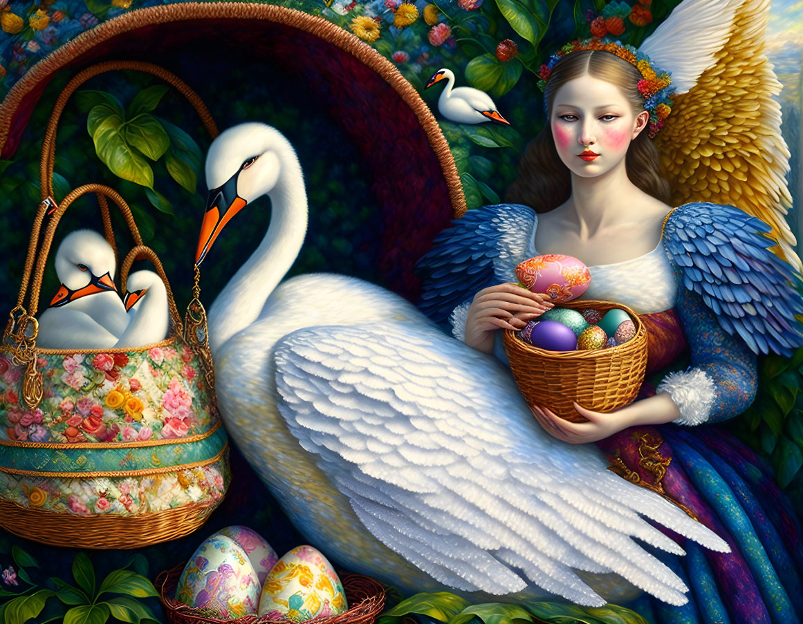 Blue-winged angel with Easter eggs, swans, and flowers in lush setting