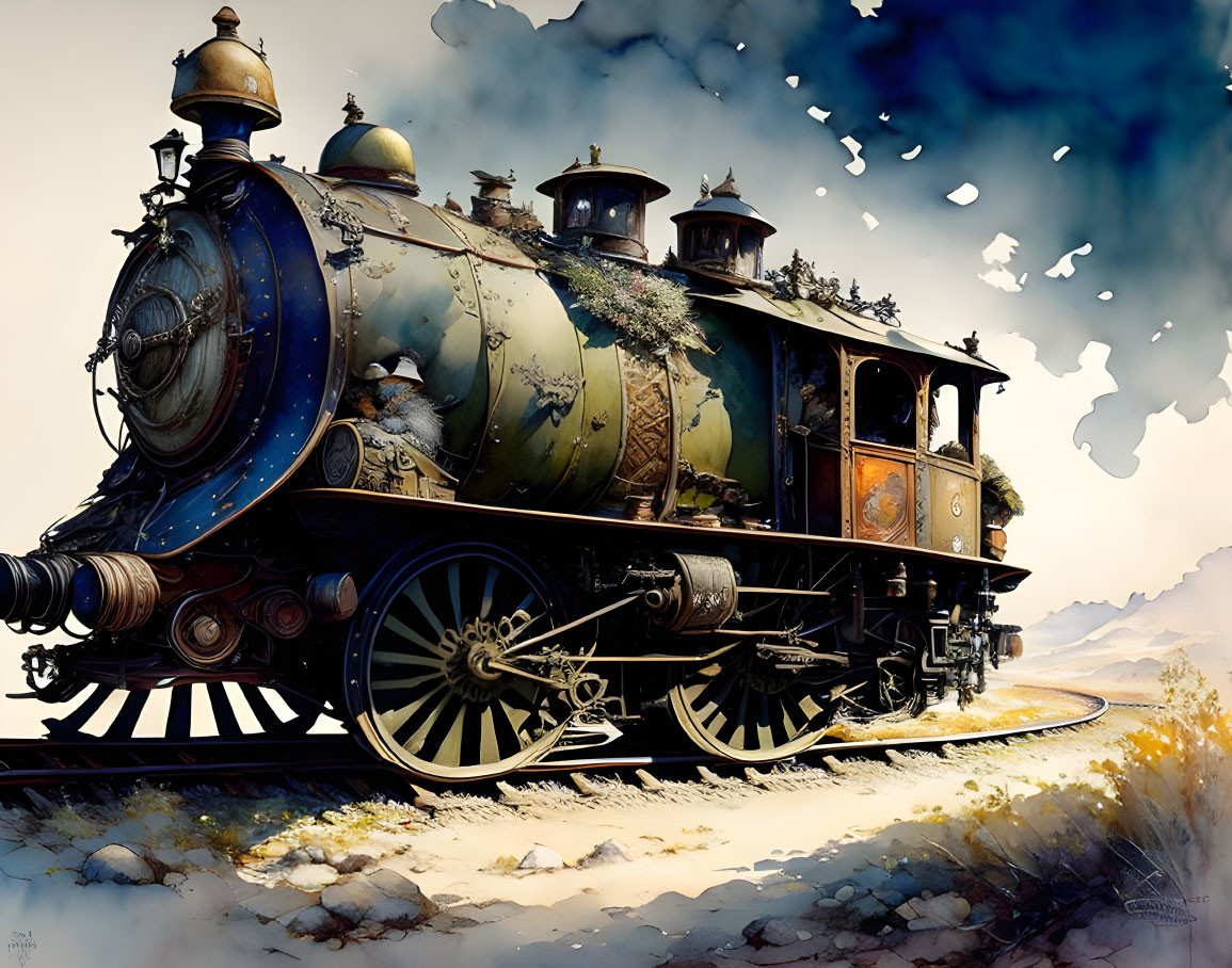 Ornate steam locomotive with whimsical designs on a sunny day