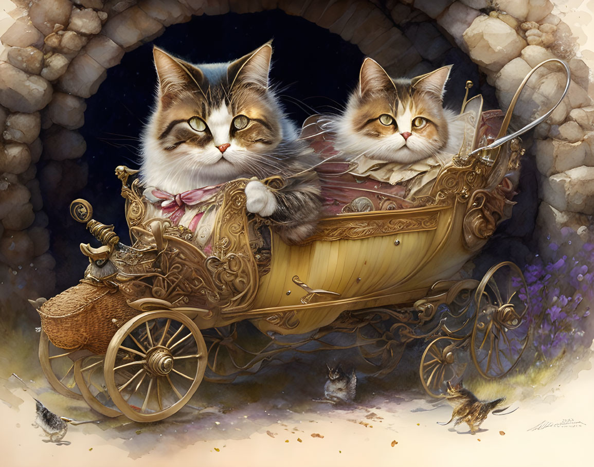 Whimsical cats in elegant attire on ornate carriage in stone tunnel