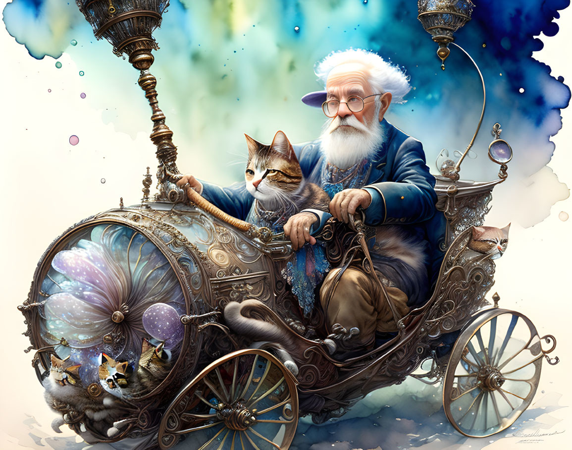 Elderly man in blue coat pilots fantastical carriage with cat and kittens