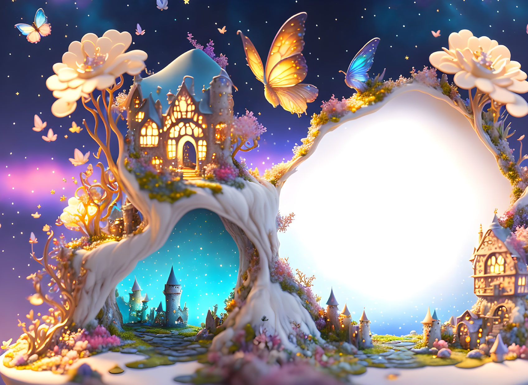 Enchanting fantasy landscape with magical trees, glowing portal, castles, flowers, butterflies, and