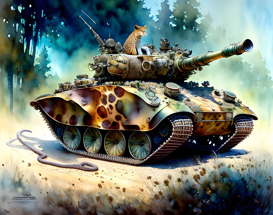 Leopard on Camouflage Tank in Forest Clearing