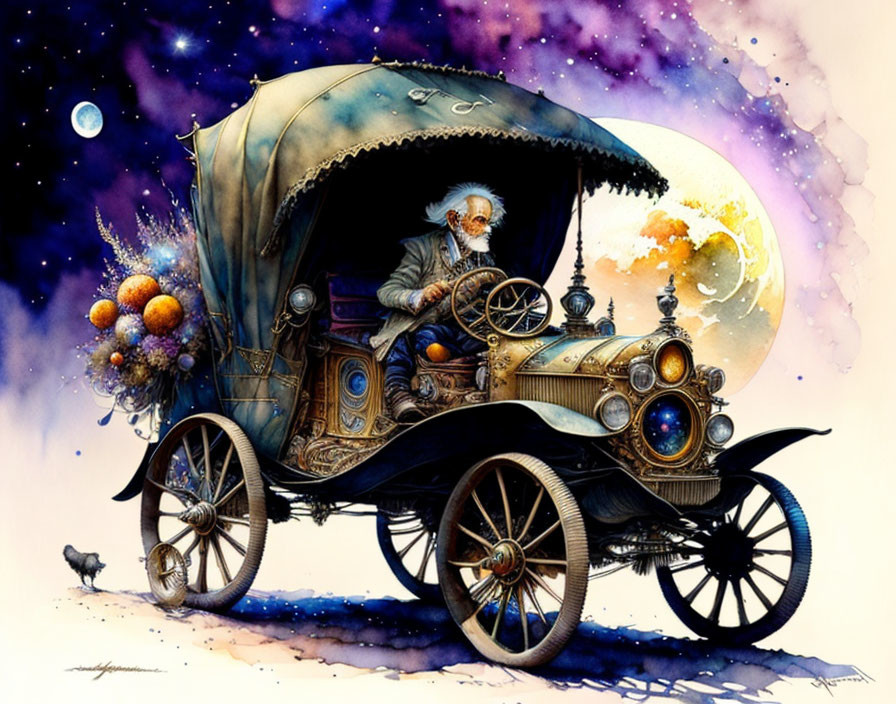 Elderly man in steampunk carriage in cosmic setting