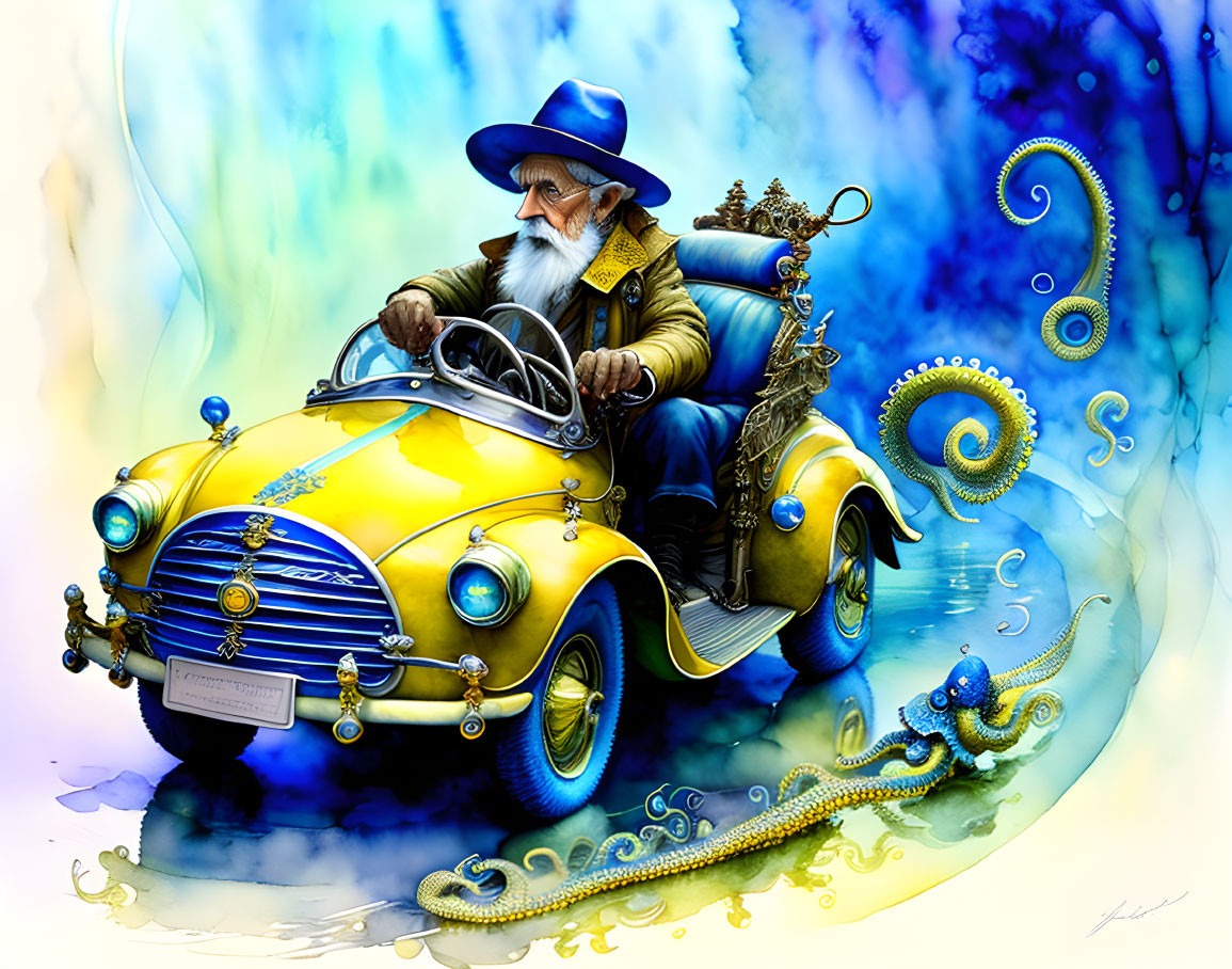 Elderly man driving vintage car in colorful, dreamy scene