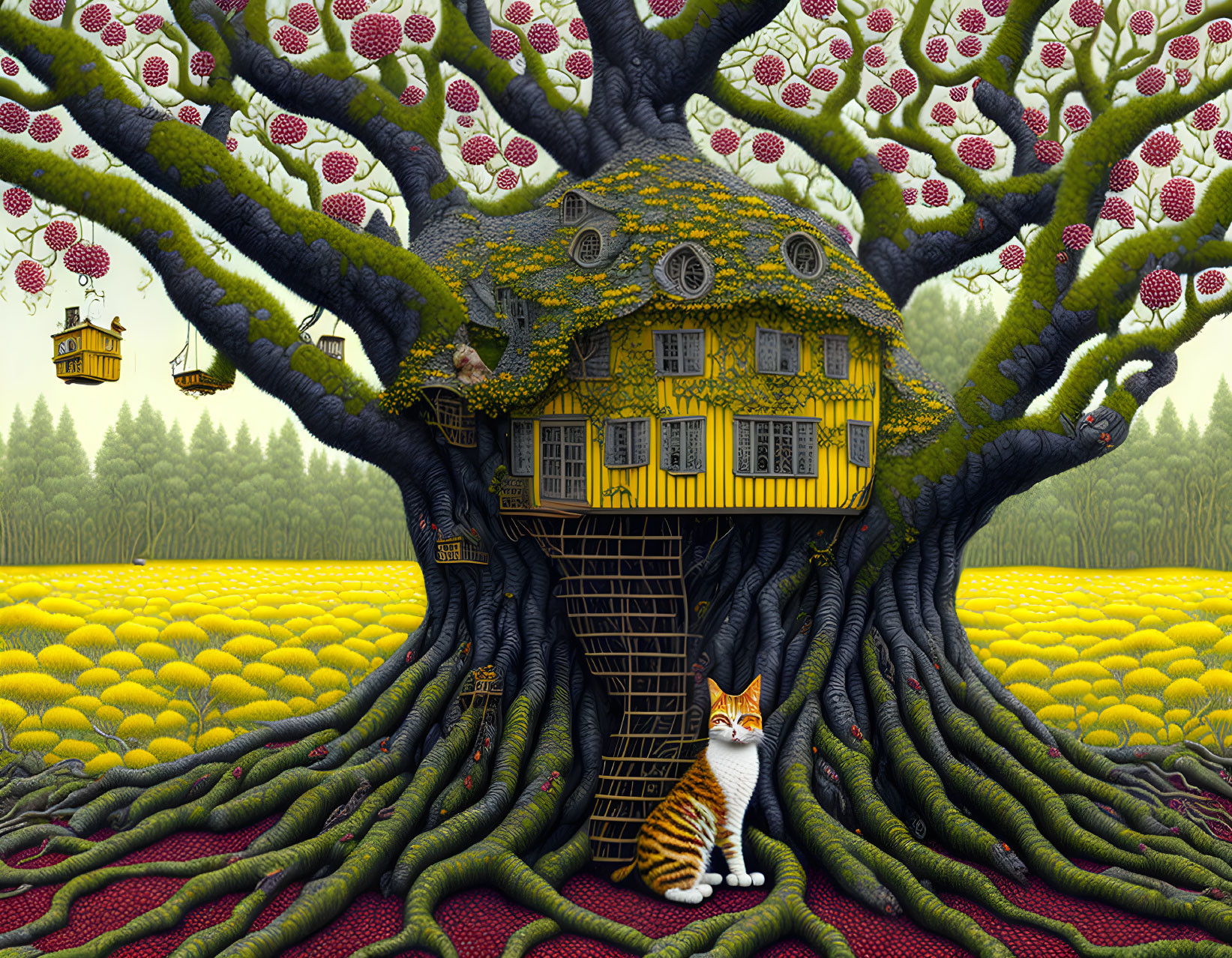 Whimsical treehouse in colossal tree with yellow flowers and ginger cat