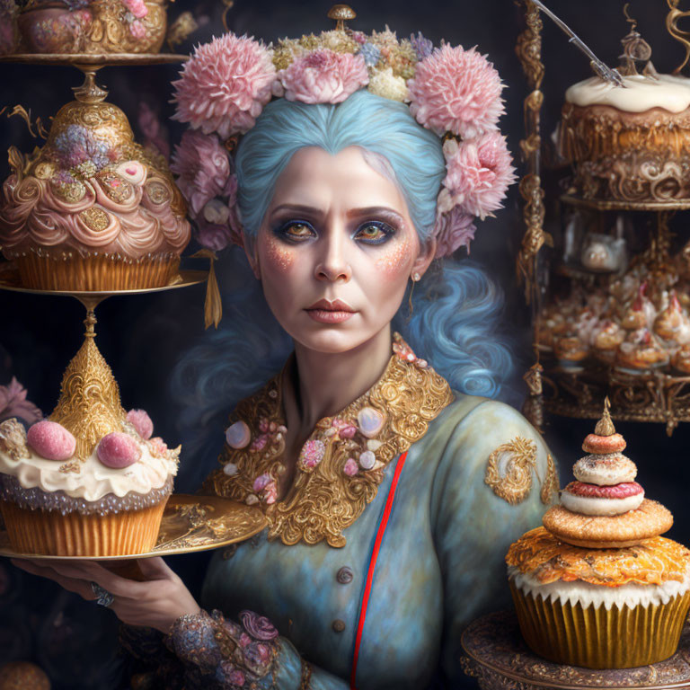 Pale woman adorned with flowers and jewelry holding cupcakes among luxurious desserts