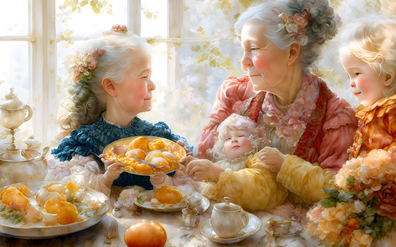 Elderly woman with baby and children in cozy tea time setting.