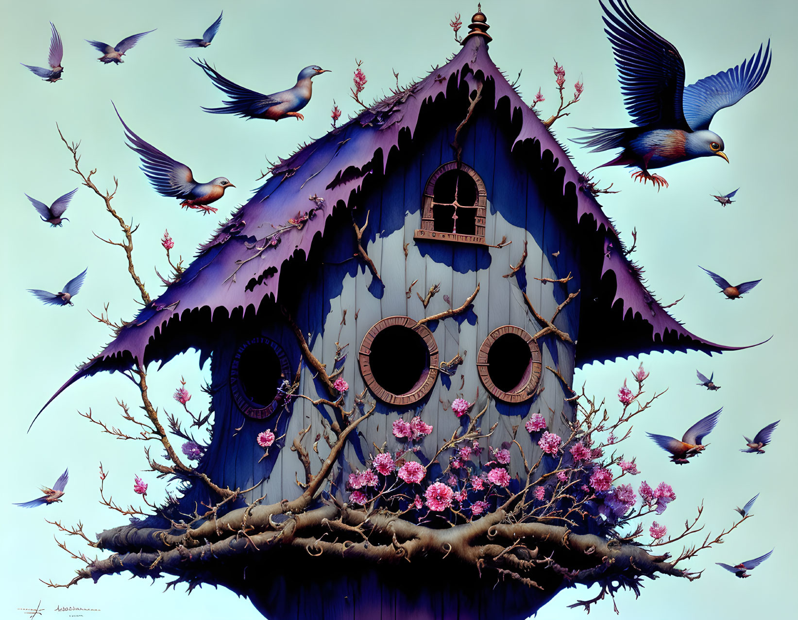 Whimsical oversized birdhouse with pink blossoms and flying blue birds