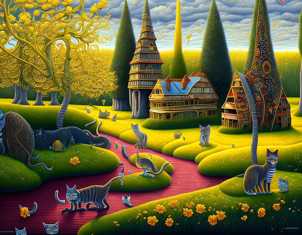 Colorful painting of cats in whimsical landscape