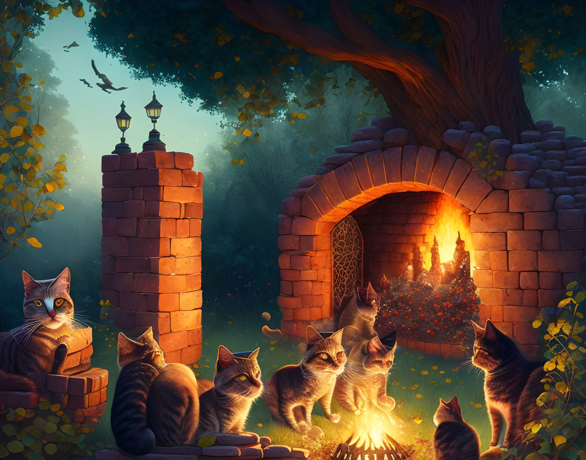 Group of Cats by Glowing Bonfire in Magical Forest Night