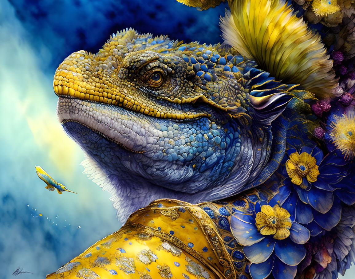 Colorful digital painting of regal lizard among flowers and dragonfly