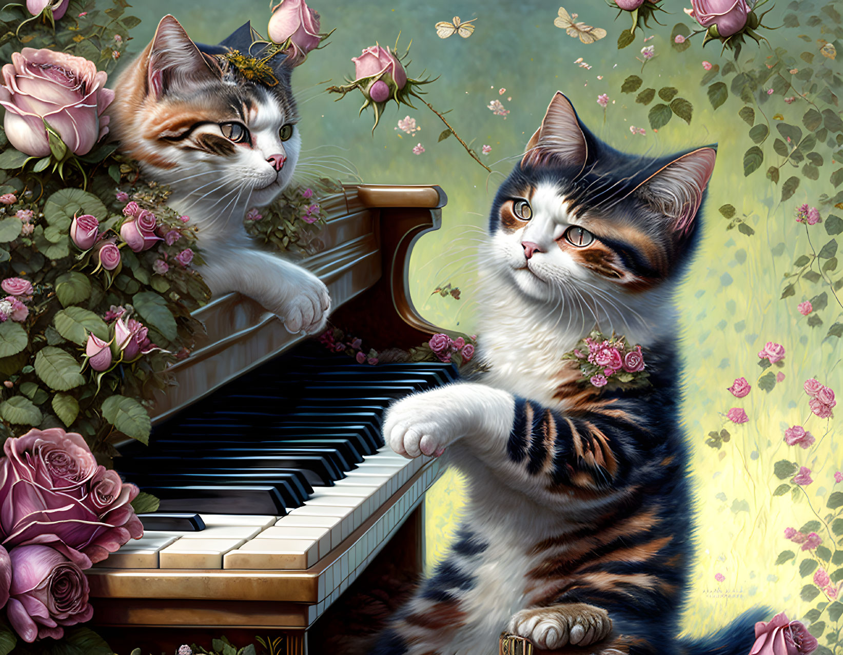 Whimsical cats playing piano in floral fantasy scene