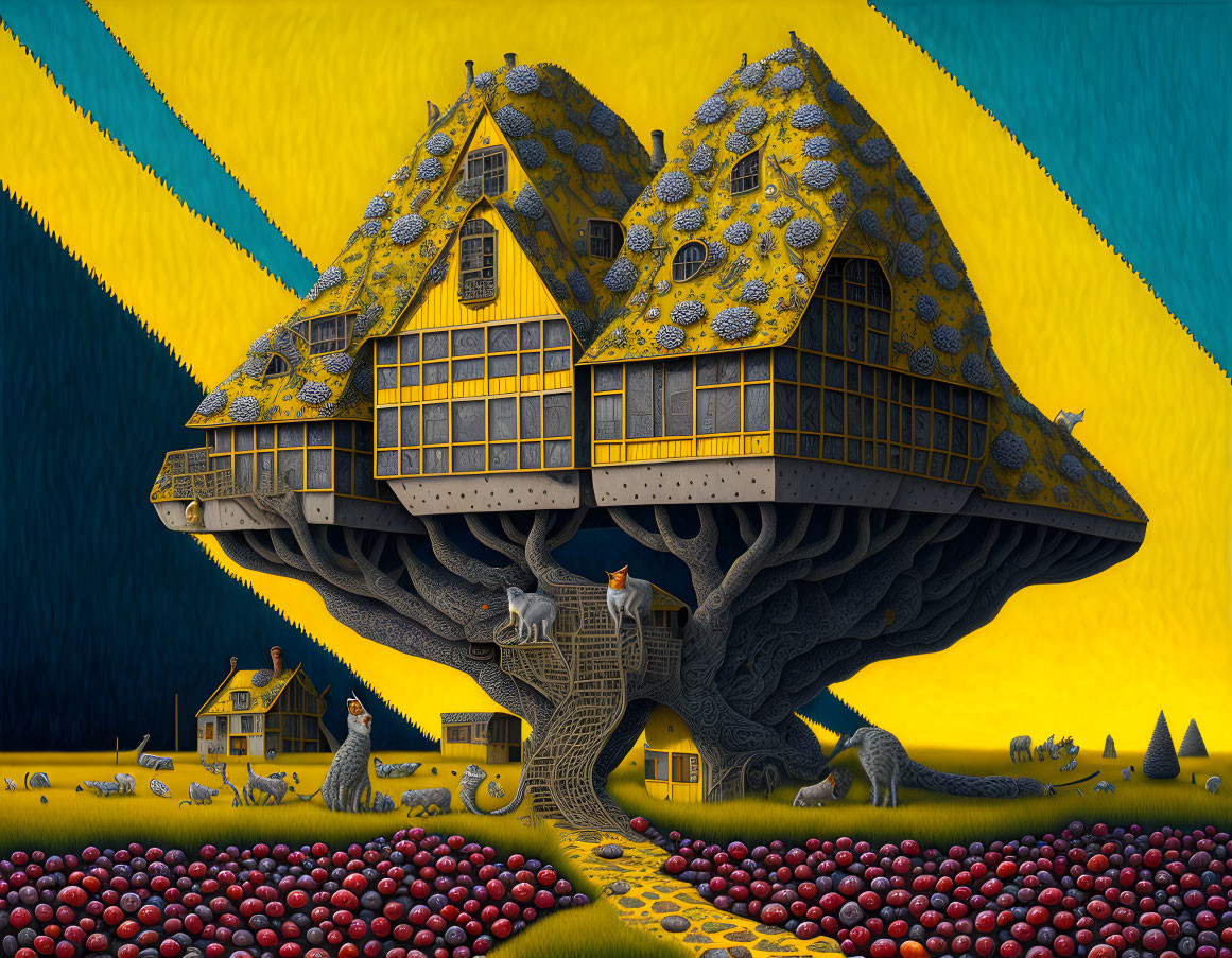 Whimsical house on tree with red spheres and dual-colored sky