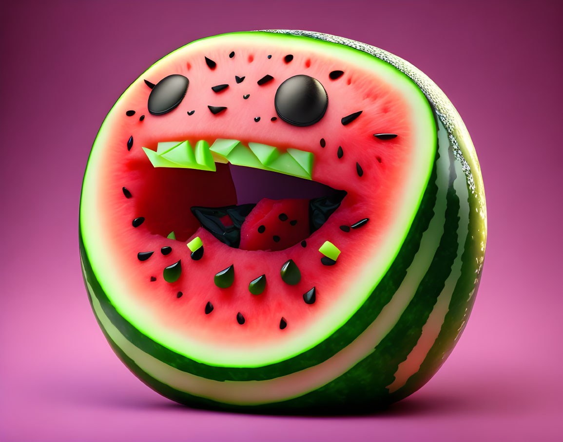 Carved monster face on whimsical watermelon, purple backdrop