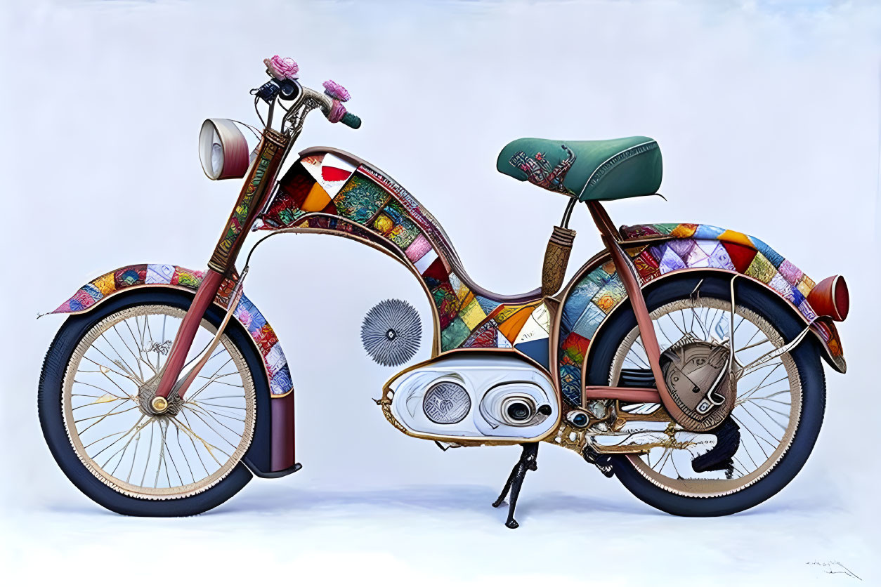 Vintage Bicycle Transformed with Motorcycle Elements and Colorful Patchwork Designs