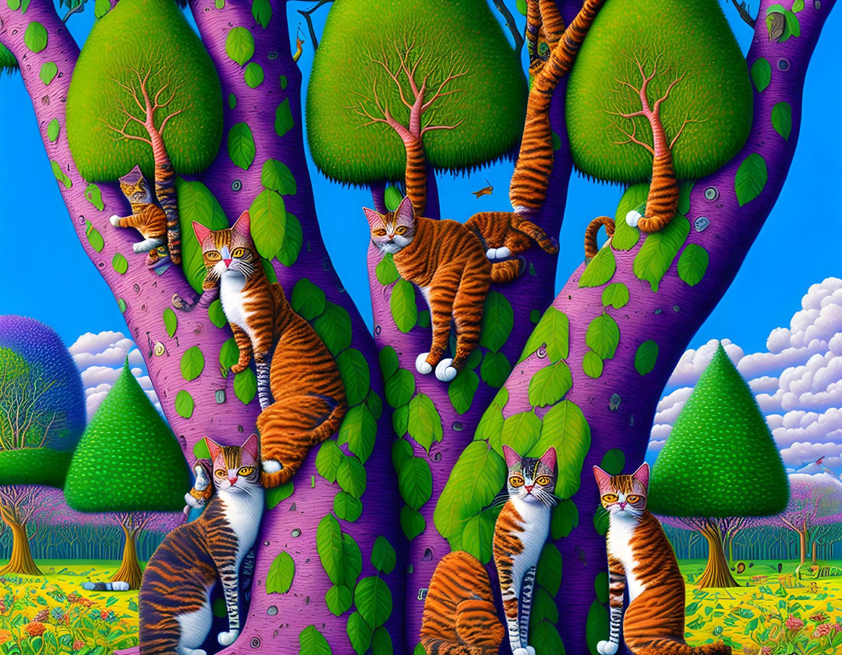 Colorful Artwork: Orange-Striped Cats in Fantasy Forest