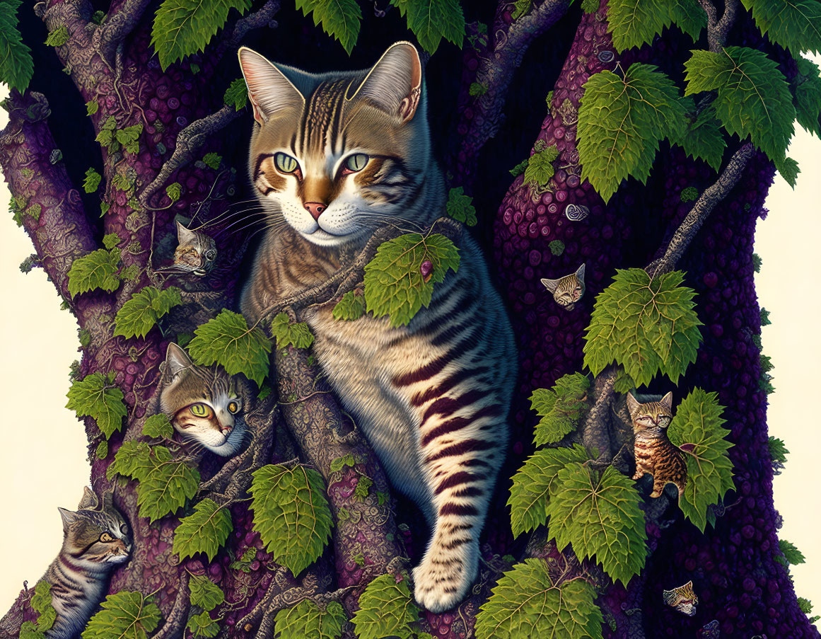 Detailed Illustration: Multiple Cats Camouflaged in Tree Trunk & Leaves