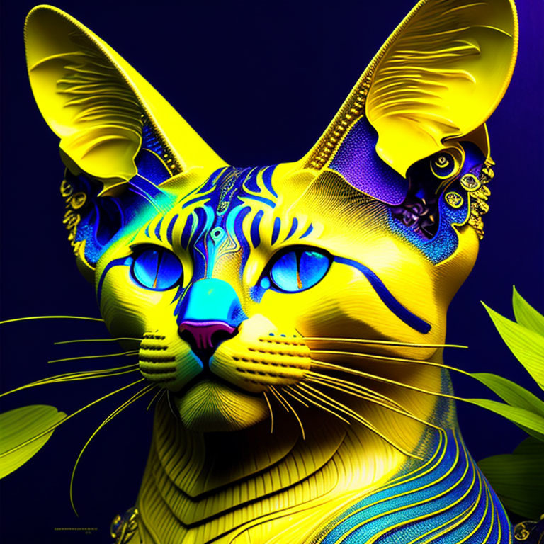 Colorful digital art: Cat with yellow and blue hues, intricate patterns, jewelry, dark blue backdrop