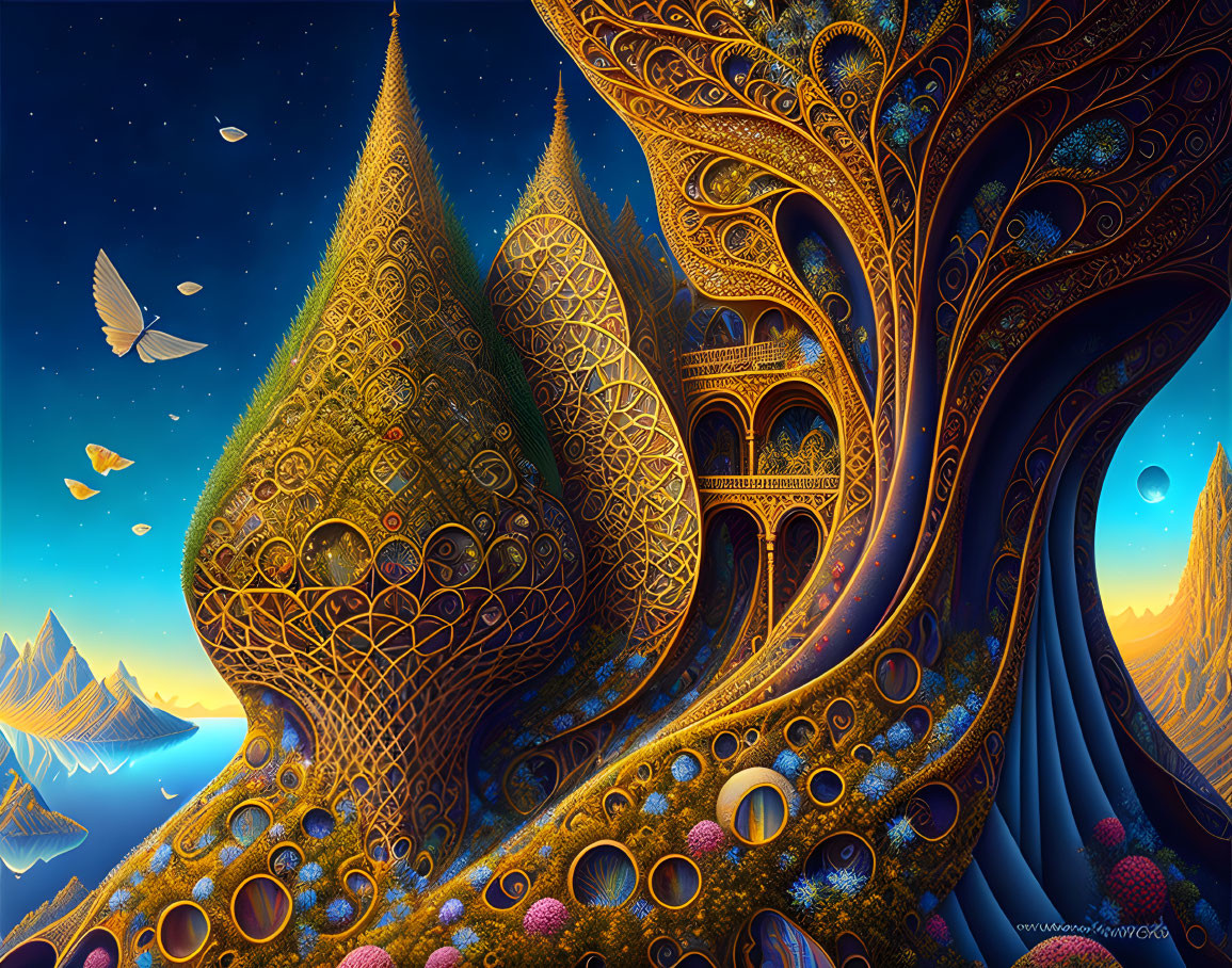 Fantasy landscape with ornate tree-like structures and glowing patterns.