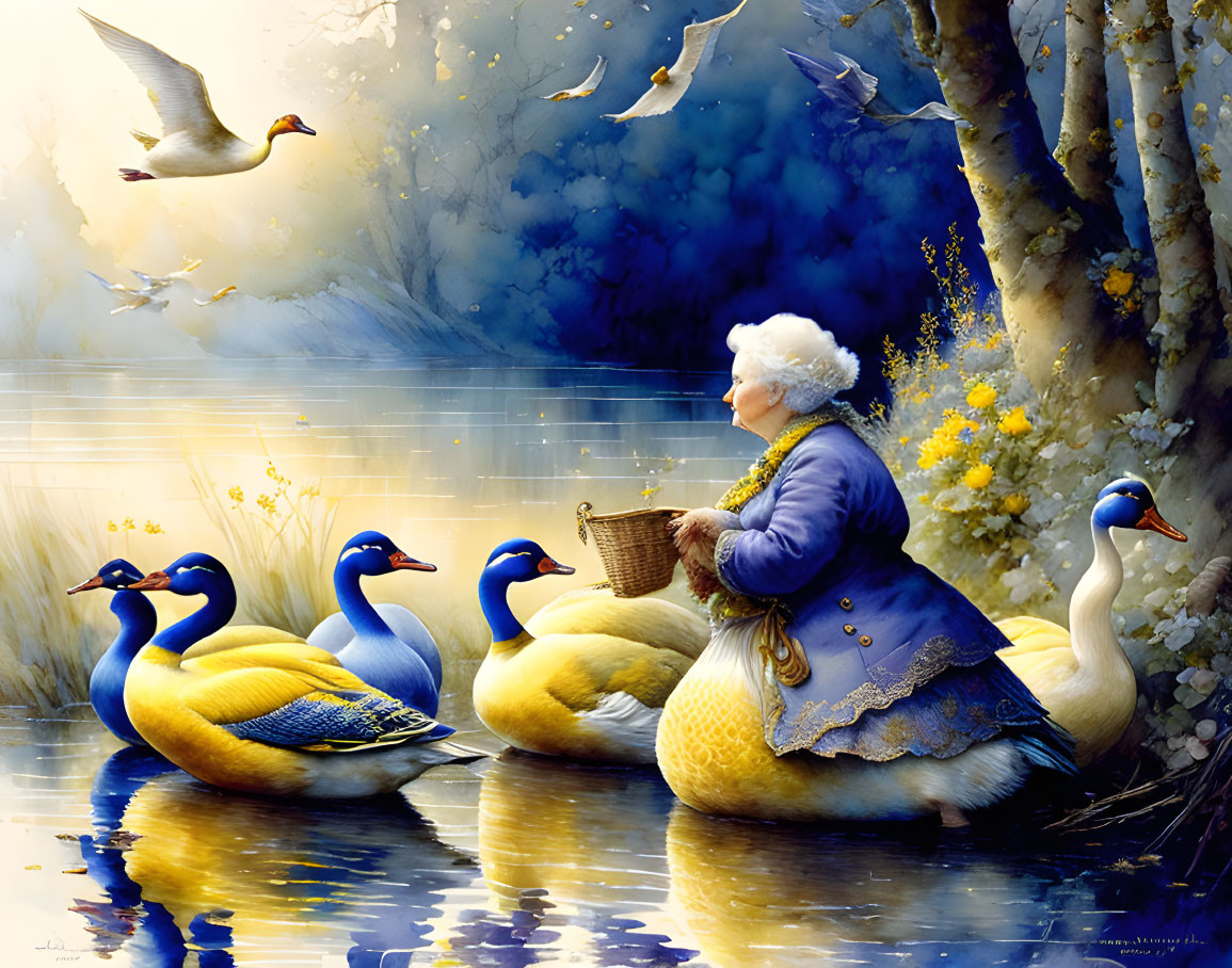 Woman in Blue Dress Feeding Yellow Ducks by Serene Lake