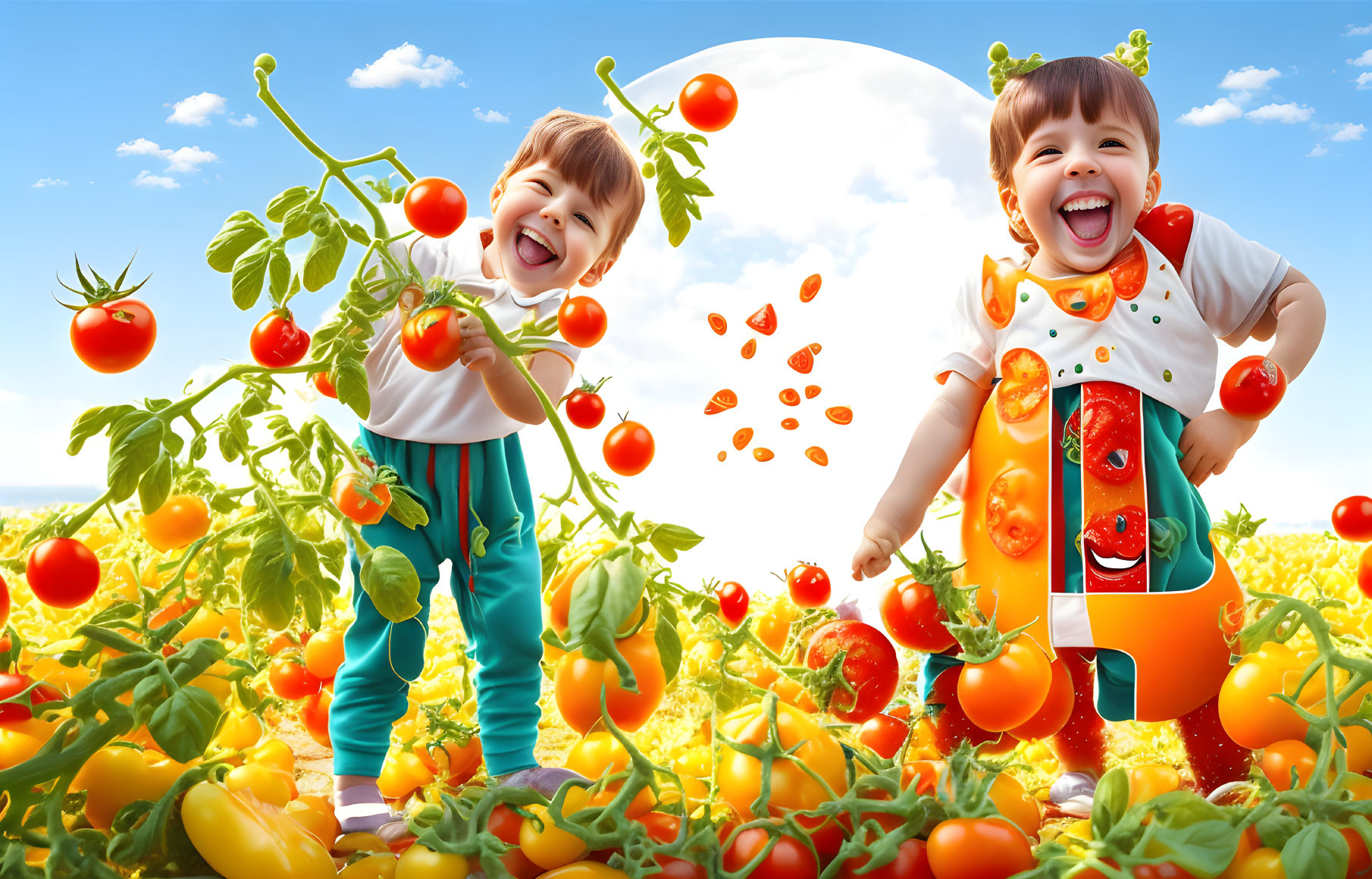 Joyful toddlers surrounded by oversized tomato plants under a blue sky.