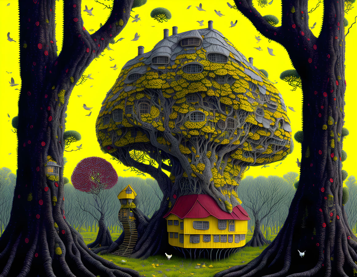 Intricate treehouse with yellow foliage in whimsical tree on starry night.