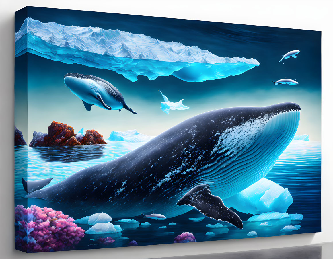 Whale and marine life canvas print with 3D illusion