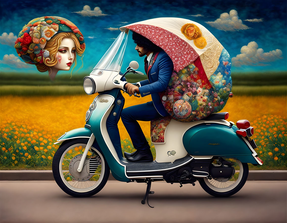 Surreal illustration of man on scooter in sunflower field with giant female face in clouds