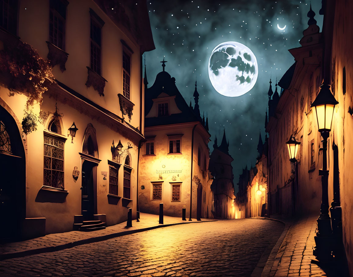 Old Town Cobblestone Street Night Scene with Full Moon