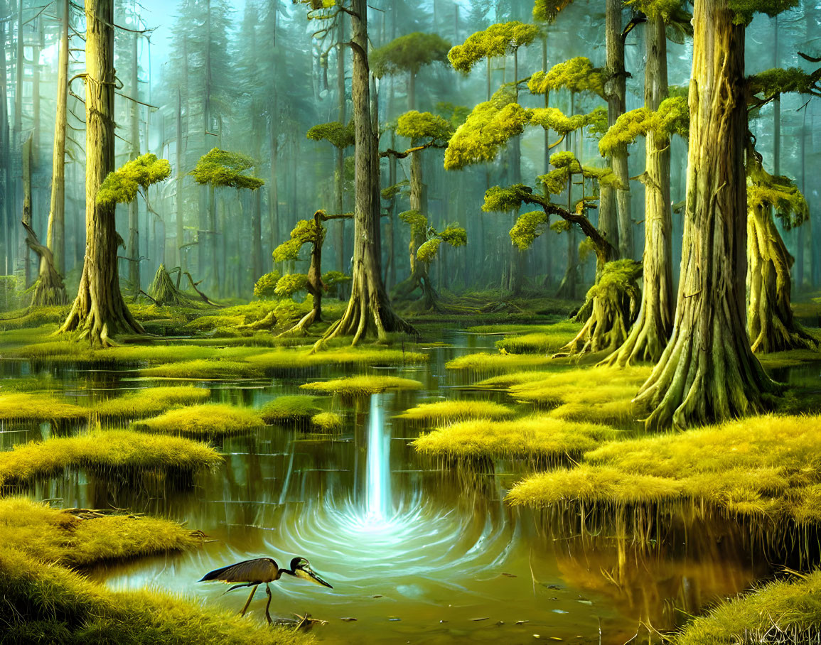 Tranquil swamp scene with moss-covered trees, mystical pond, and heron in vibrant greenery