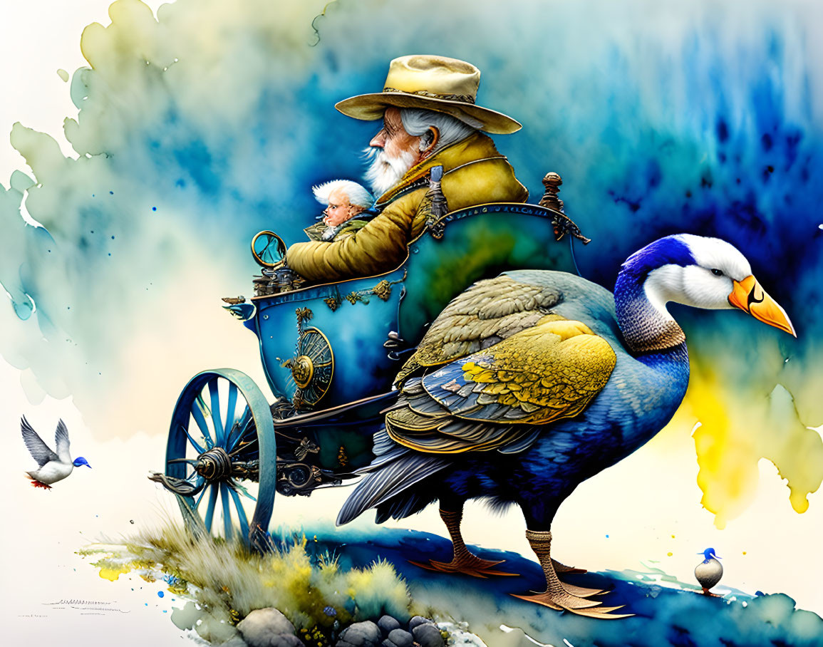 Colorful Bird Pulls Elderly Man in Whimsical Cart