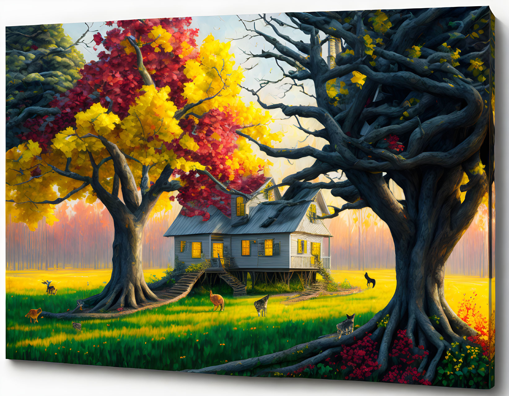 Autumn landscape with house, trees, and deer