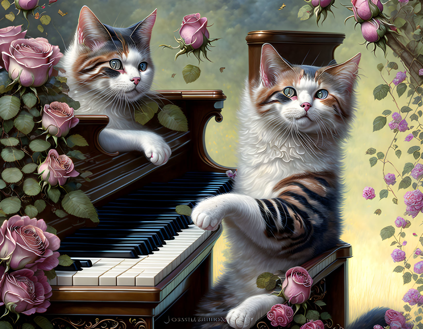 Fluffy Kittens Playing Piano Among Roses