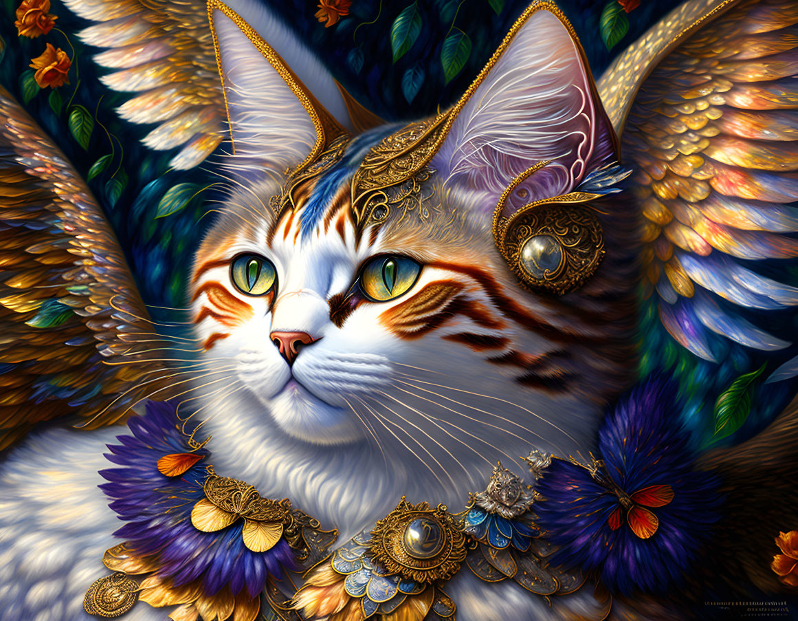 Colorful Fantasy Cat Illustration with Golden Jewelry & Intricate Details