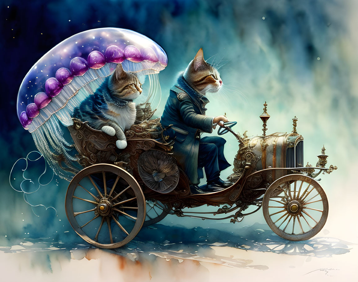 Steampunk-style carriage with elegantly dressed cats and jellyfish canopy.