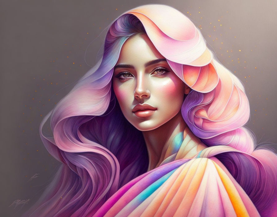 Multicolored hair woman in pastel-toned cloak with pink, purple, and orange hues