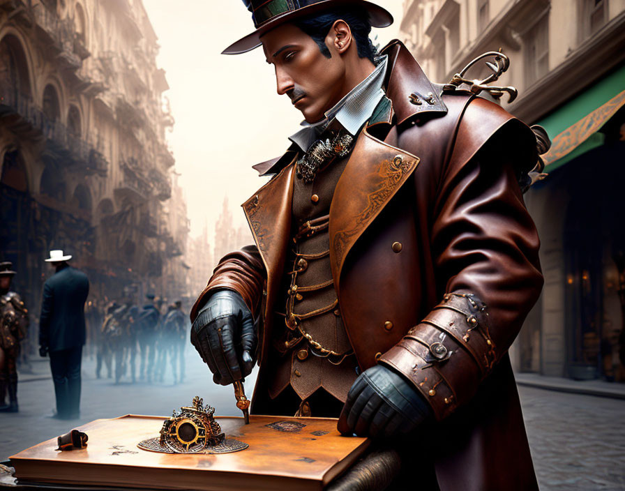 Steampunk-inspired gentleman in Victorian attire with mechanical device on table in digital artwork