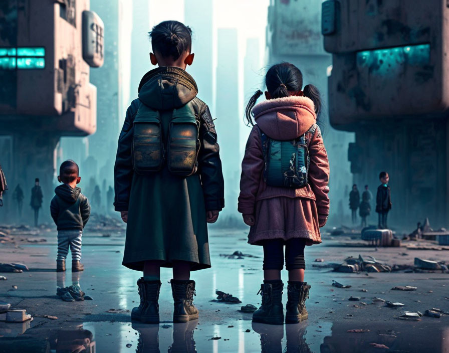 Children in dystopian urban landscape holding hands